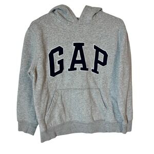 Gap Kids XL Gray Fleece Pullover Hoodie Navy Blue Arch Logo Sweatshirt